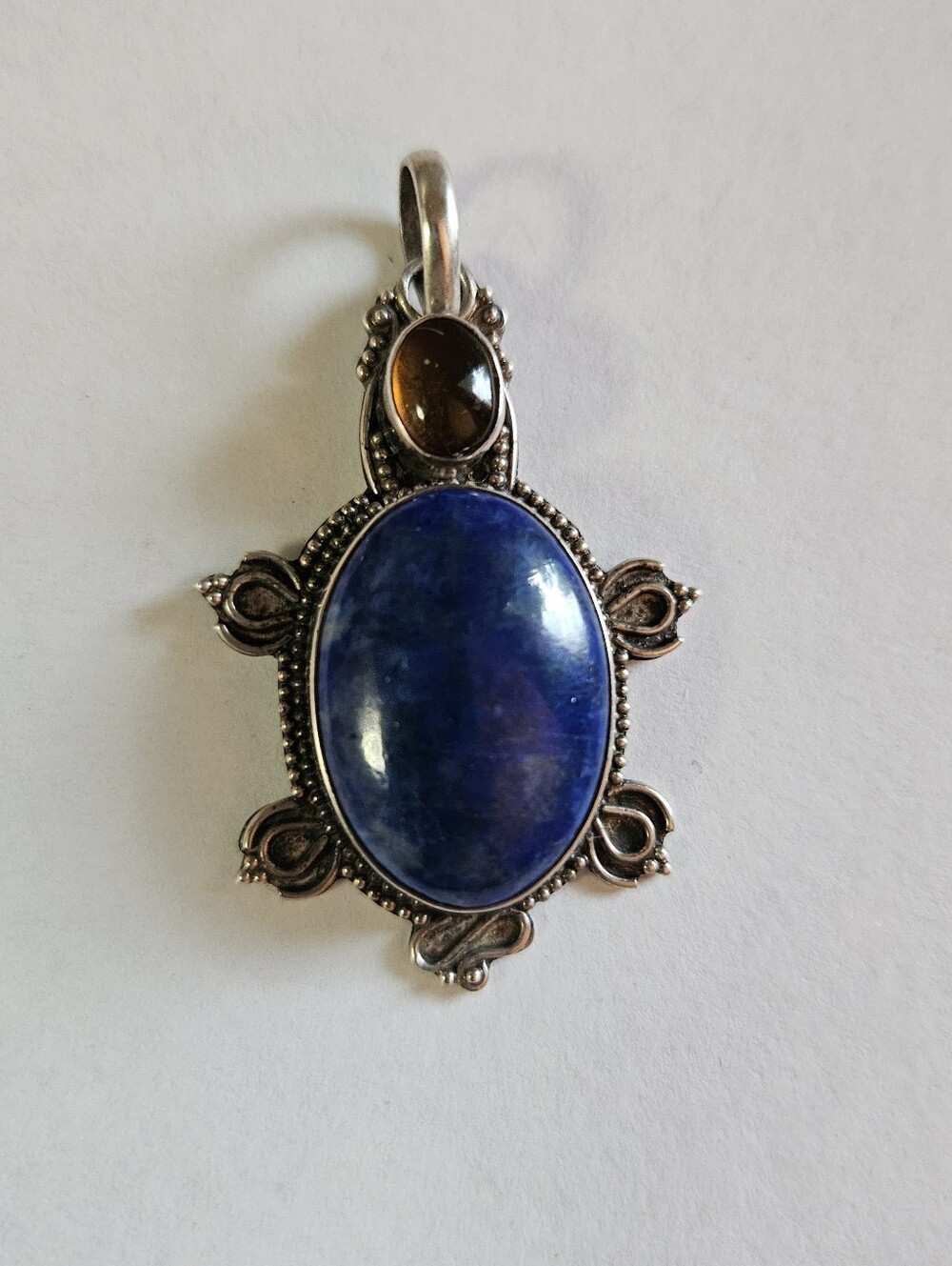 925 SS Lapis Lazuli & Amber Turtle Pendant – Large Artisan Statement
